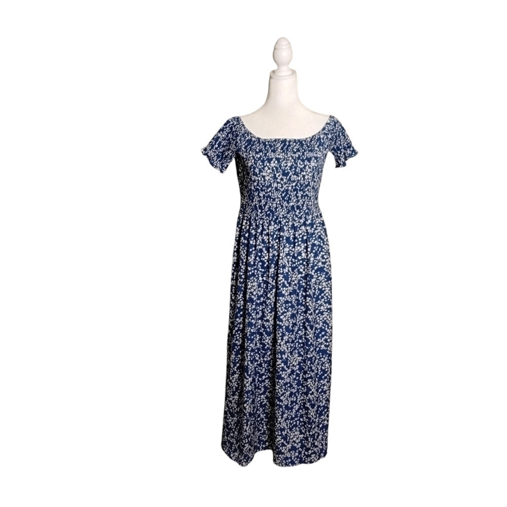 Cupshe Women's  Blue White Short Sleeve Elastic Floral Maxi Dress Size L…